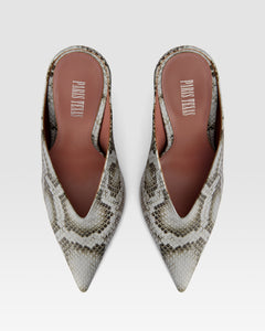 Sabots in denim-colored printed python leather