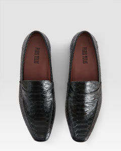 Loafers in black printed python leather