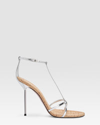 SANDALIA T-STRAP EN PIEL METALIZADA Y CORCHO — SILVER-NATURALE