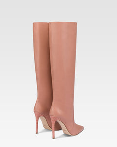 Botas hasta la rodilla de punta fina en piel lisa color rosa Texas