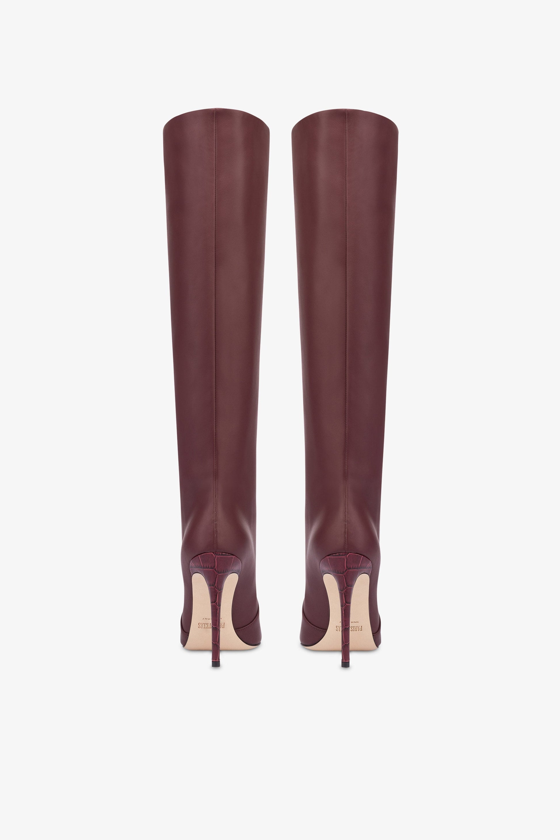 Pointed knee-high boots in smooth burgundy leather