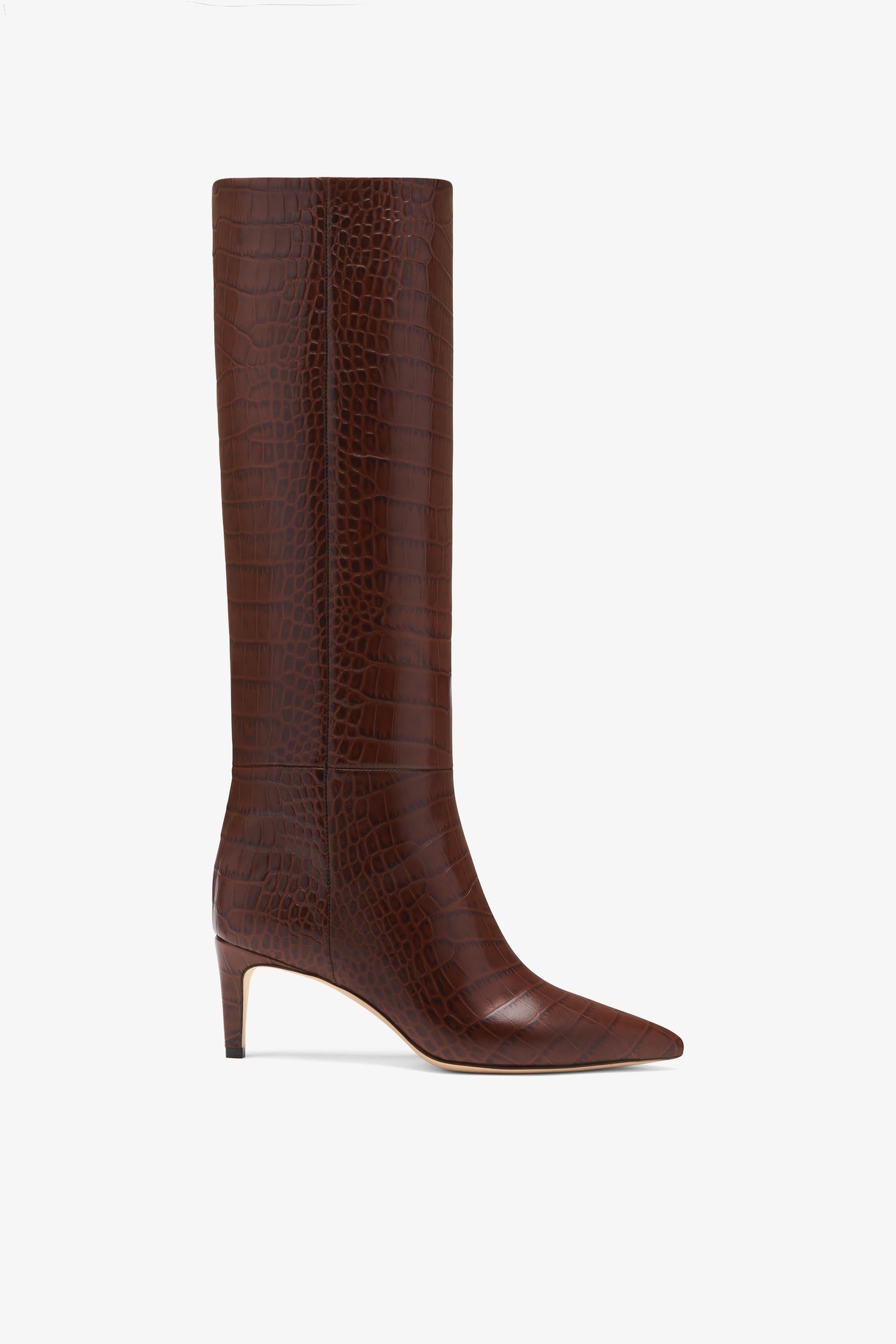 Bottes `a talon 60 en cuir emboss'e croco marron chocolat