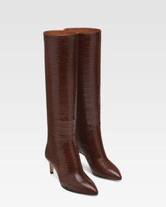 Chocolate brown croc-effect leather heel 60 boots