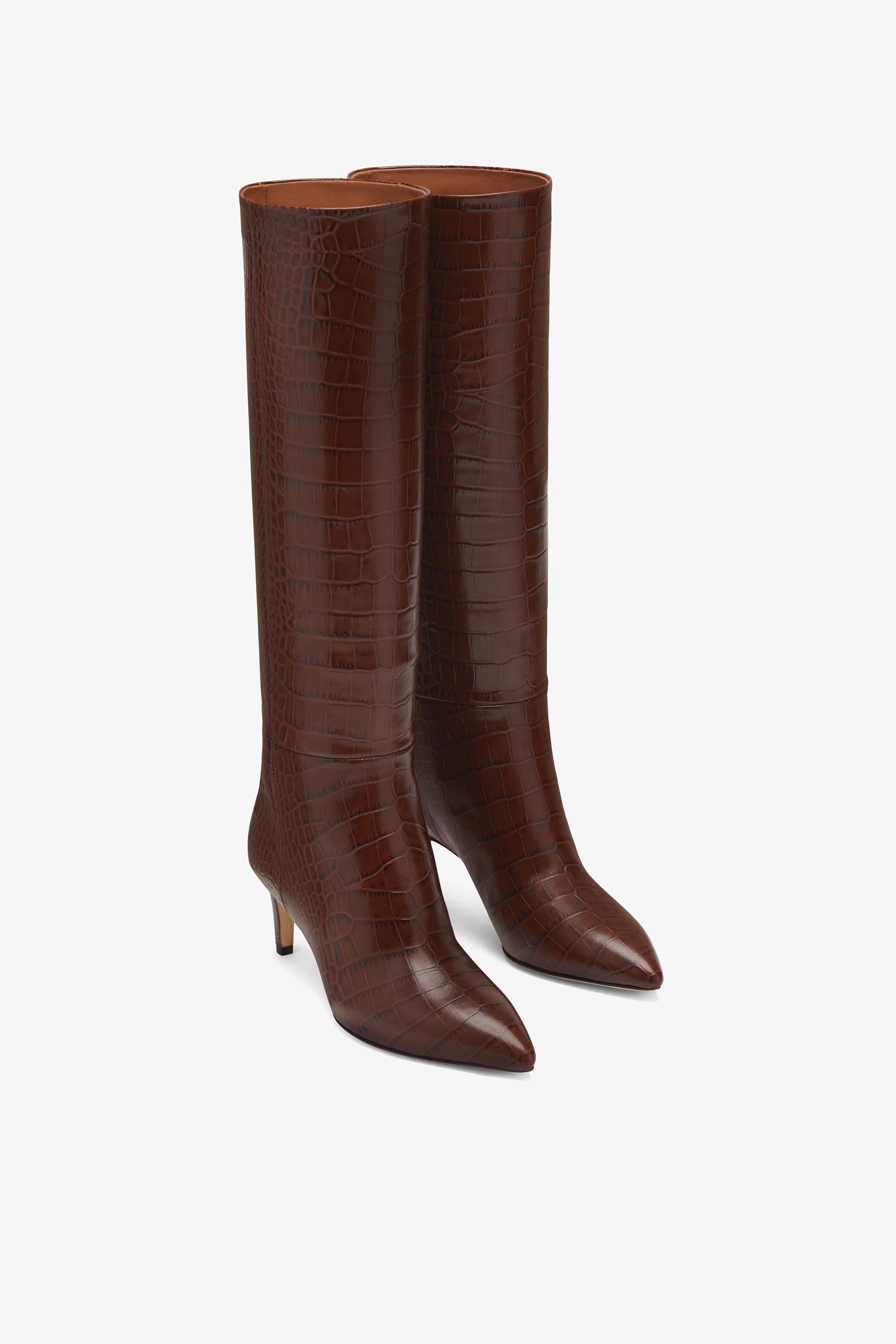 Bottes `a talon 60 en cuir emboss'e croco marron chocolat