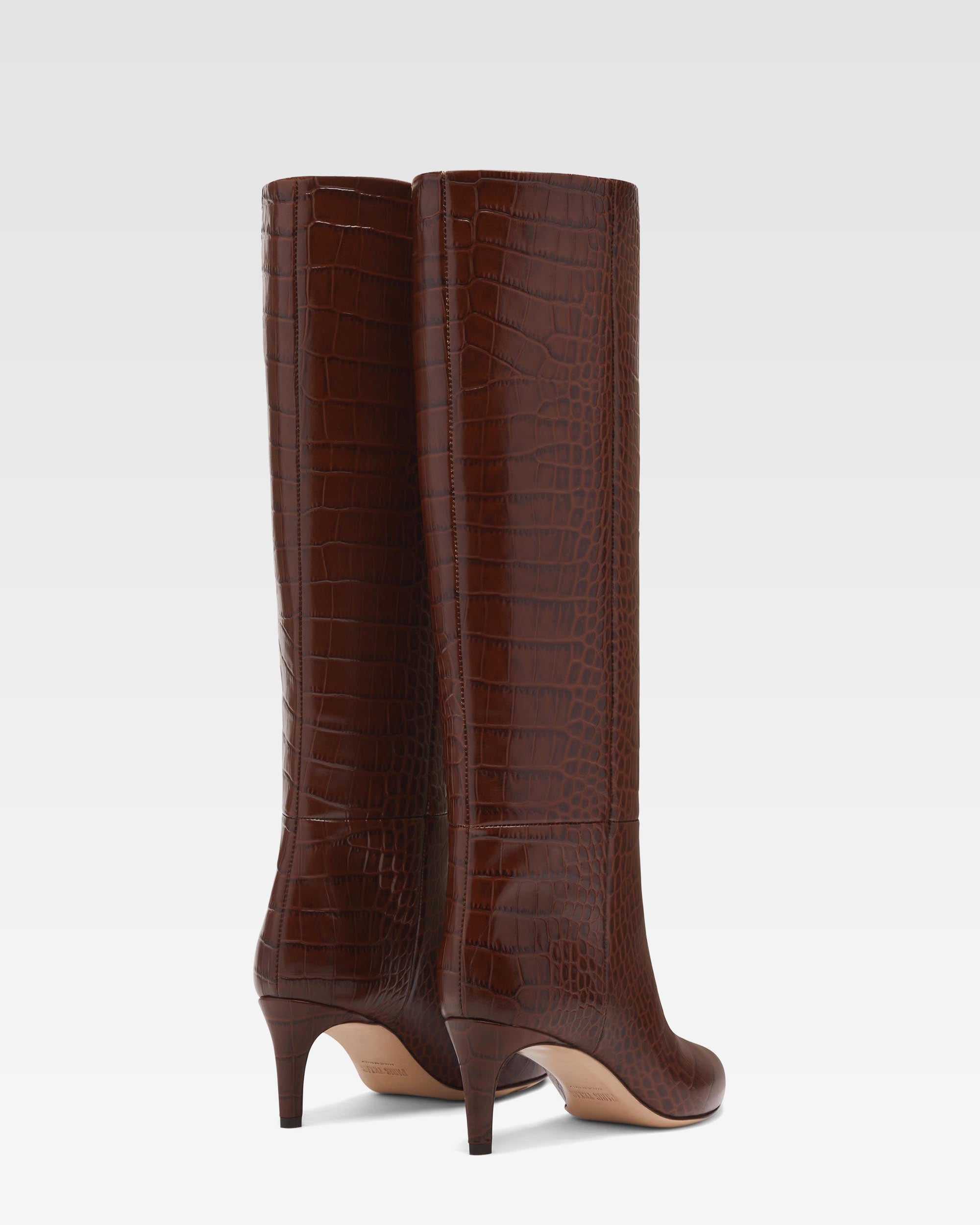 Chocolate brown croc-effect leather heel 60 boots