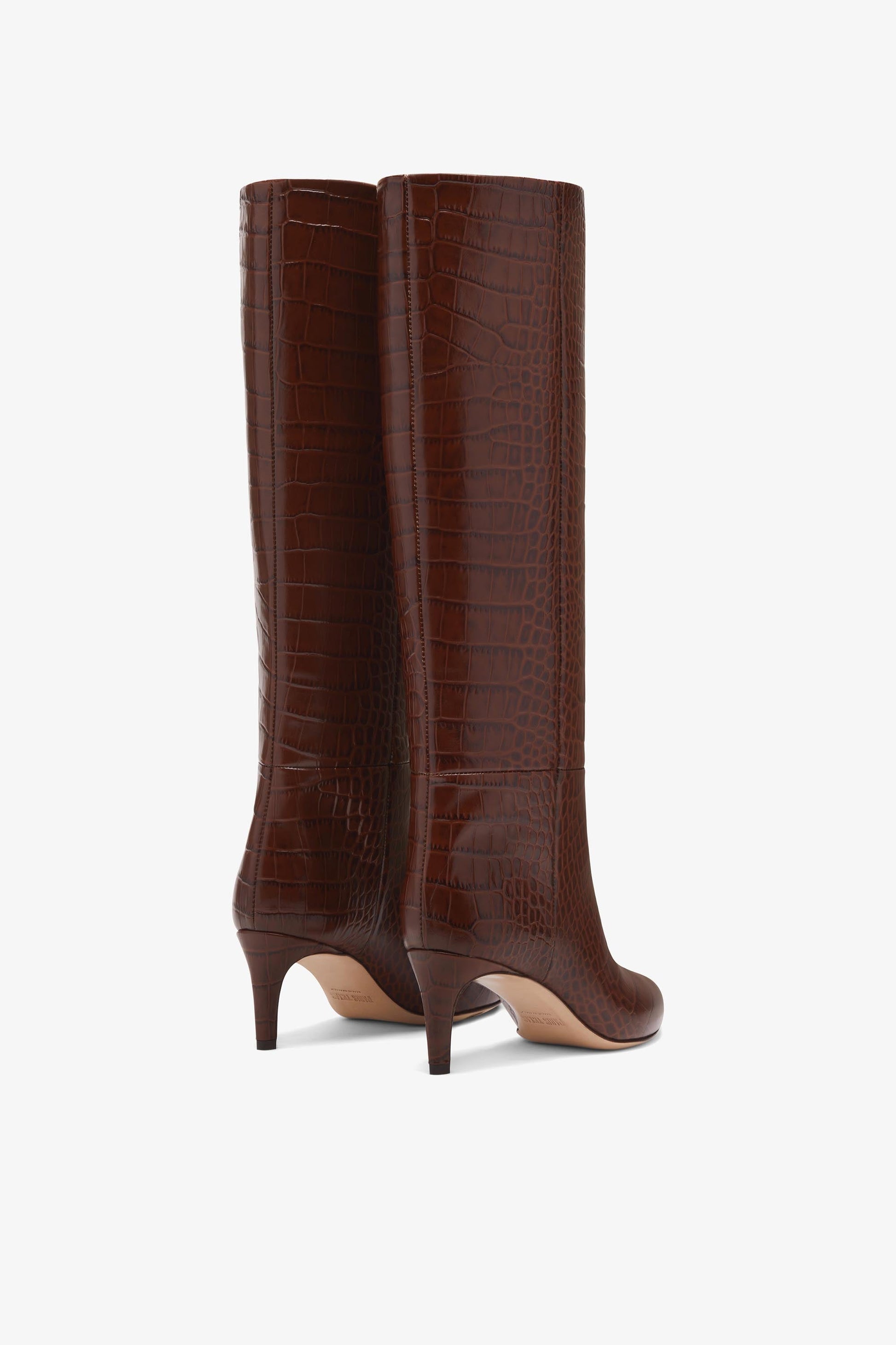 Bottes `a talon 60 en cuir emboss'e croco marron chocolat