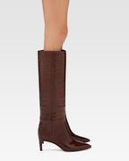 Chocolate brown croc-effect leather heel 60 boots