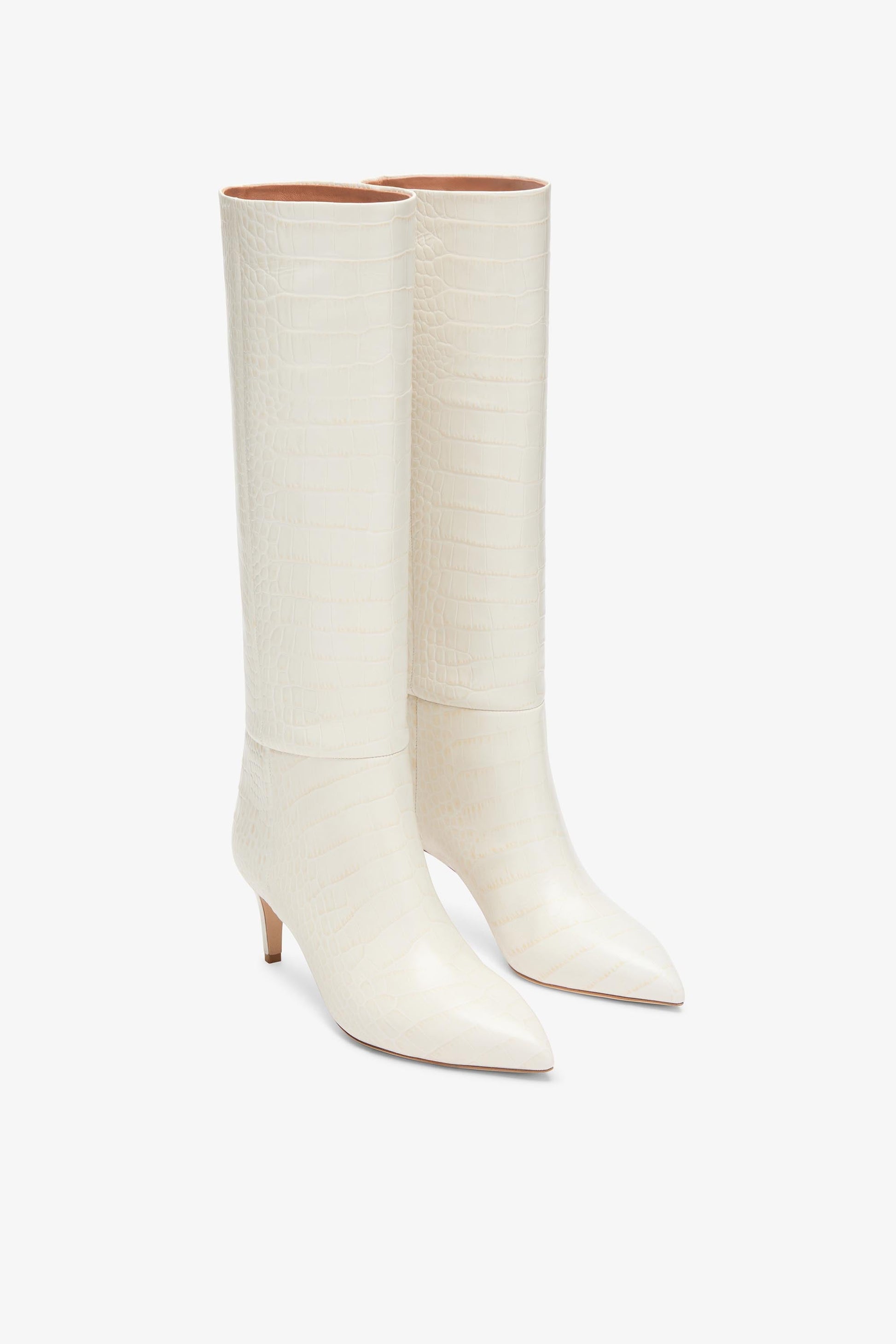 Bottes `a talon 60 en cuir blanc effet croco