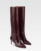 Pointed knee-high boots in rouge noir soft croco-embossed leather
