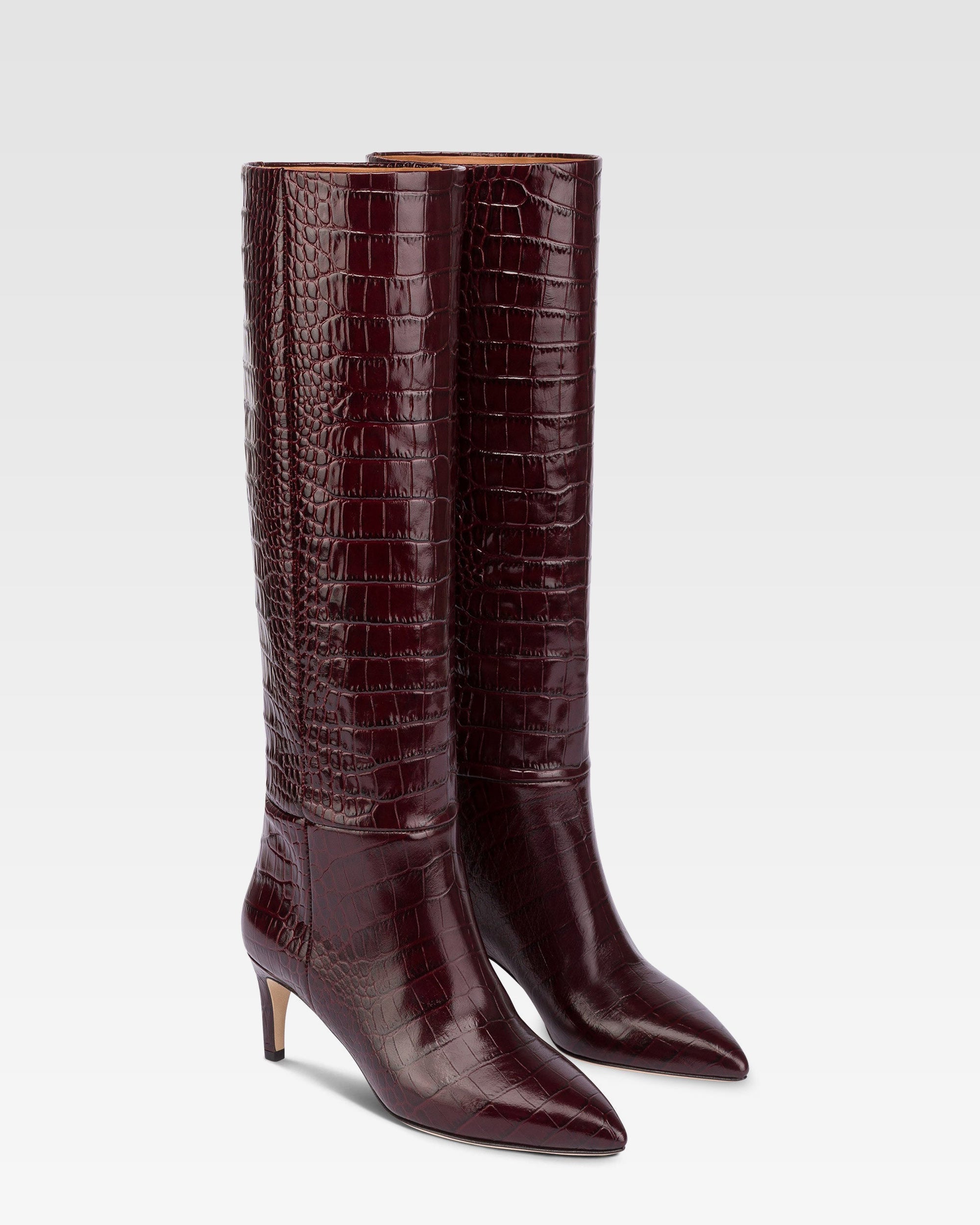 Pointed knee-high boots in rouge noir soft croco-embossed leather
