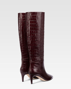 Pointed knee-high boots in rouge noir soft croco-embossed leather
