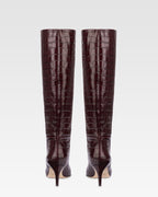 Pointed knee-high boots in rouge noir soft croco-embossed leather