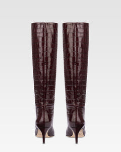 Pointed knee-high boots in rouge noir soft croco-embossed leather