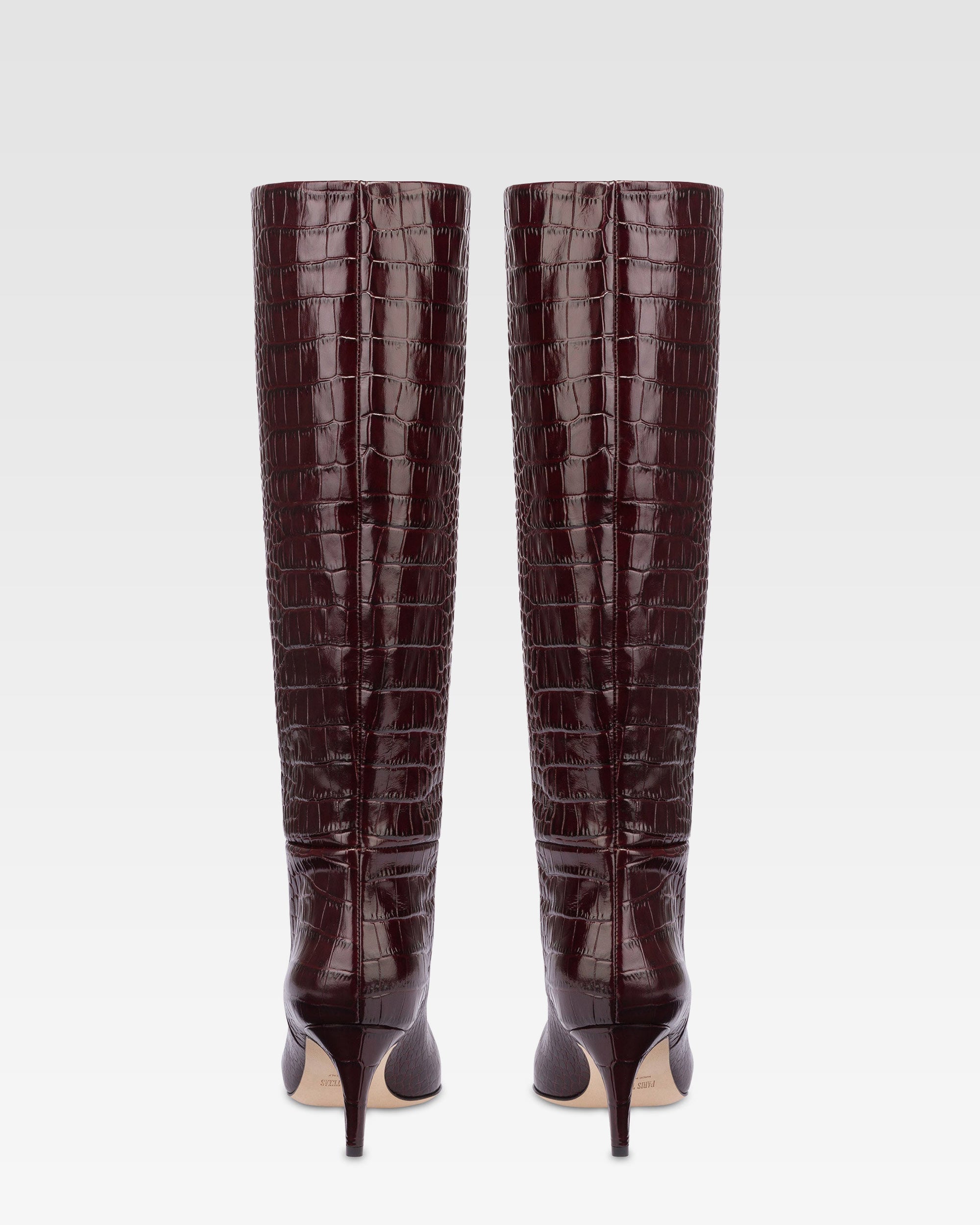 Pointed knee-high boots in rouge noir soft croco-embossed leather