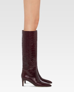 Pointed knee-high boots in rouge noir soft croco-embossed leather