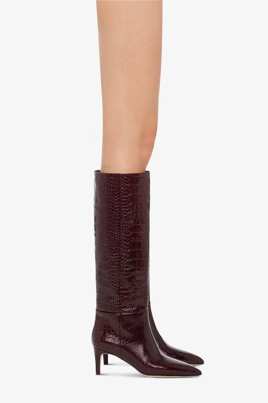 Pointed knee-high boots in rouge noir soft croco-embossed leather - Product worn