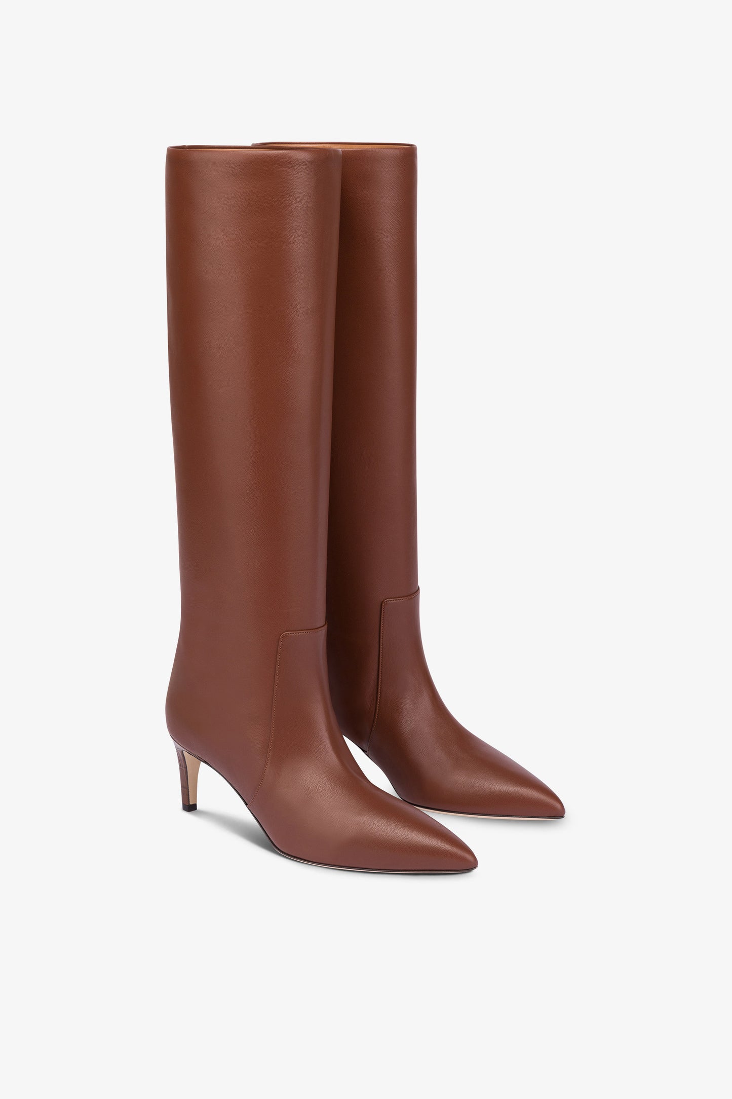 Pointed knee-high boots in smooth chocolate leather