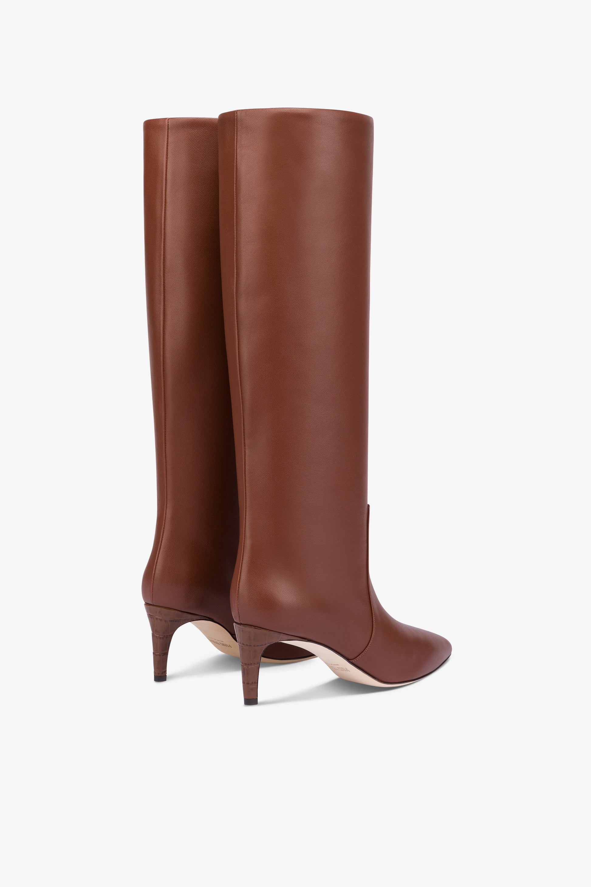 Pointed knee-high boots in smooth chocolate leather