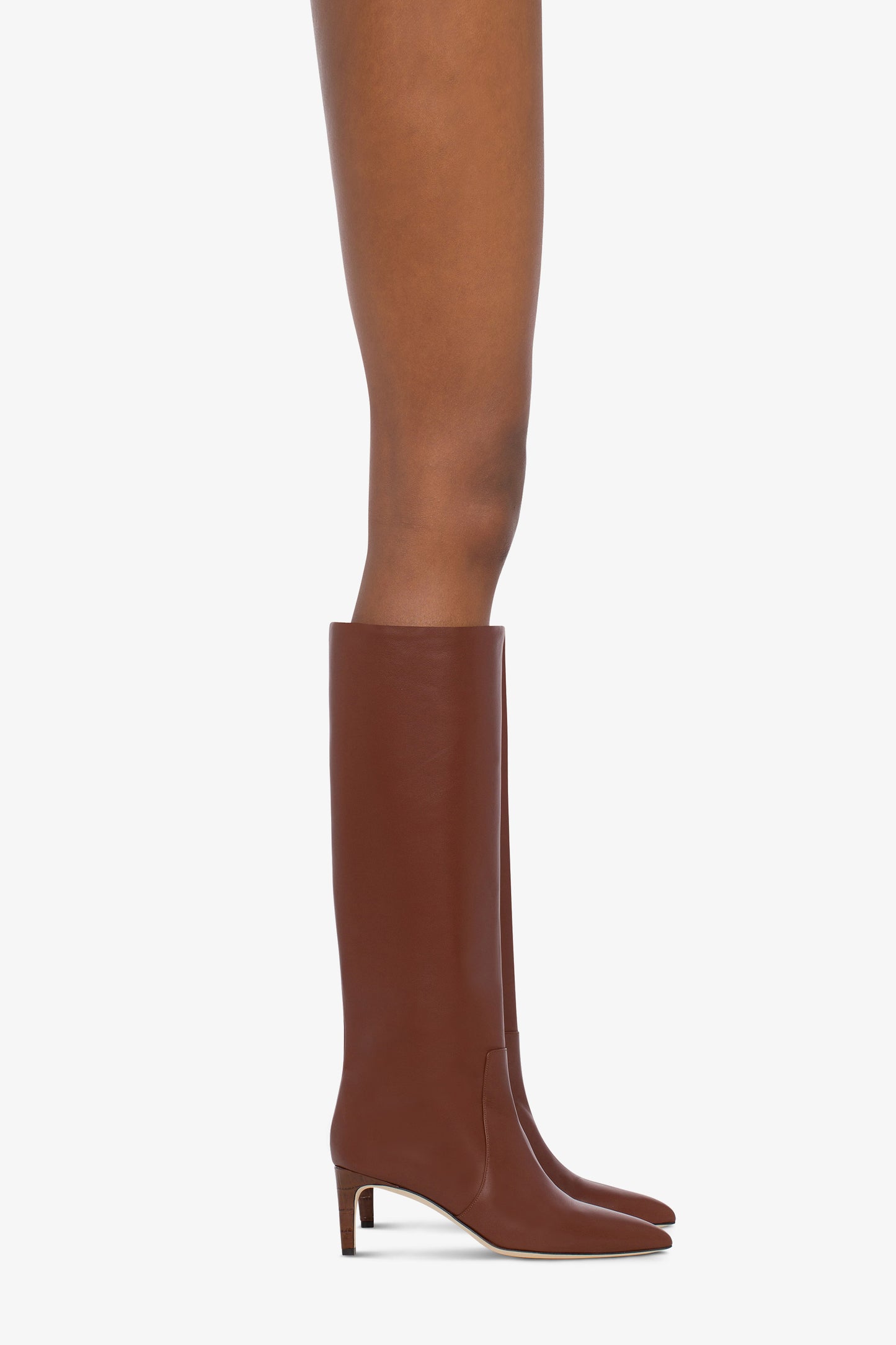 Pointed knee-high boots in smooth chocolate leather