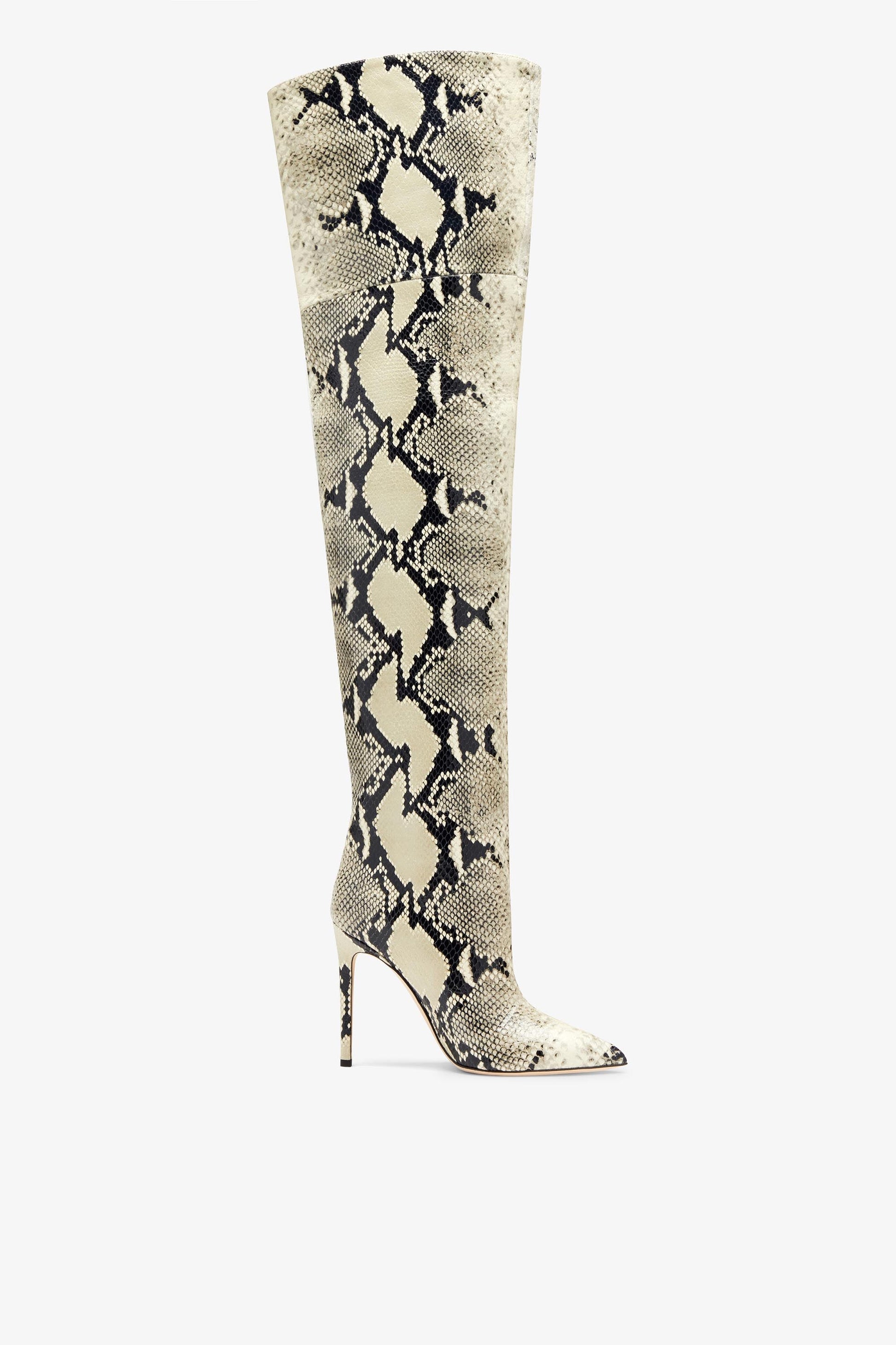 Overknee-Stiletto-Stiefel aus bedrucktem Leder in Python-Optik