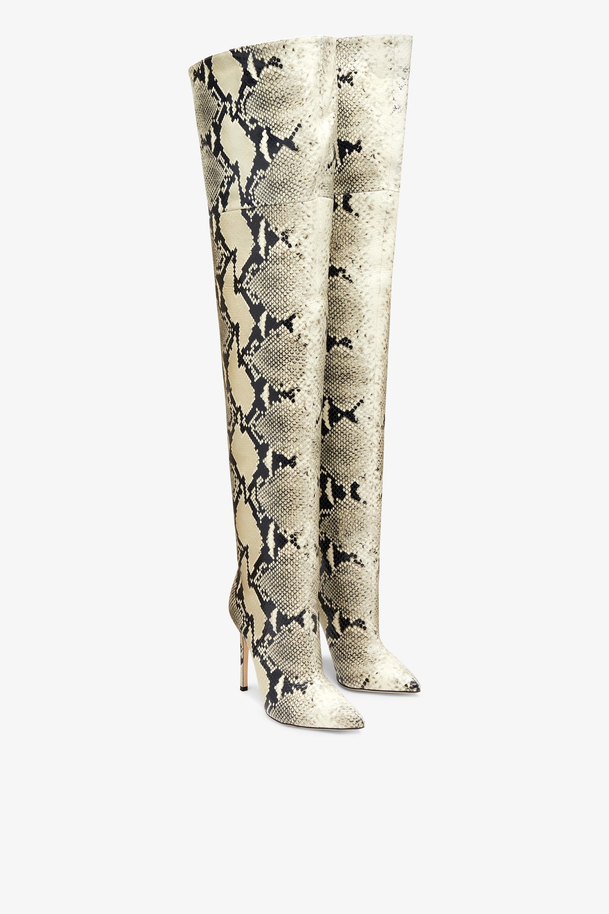 Printed phyton leather stiletto over the knee boots