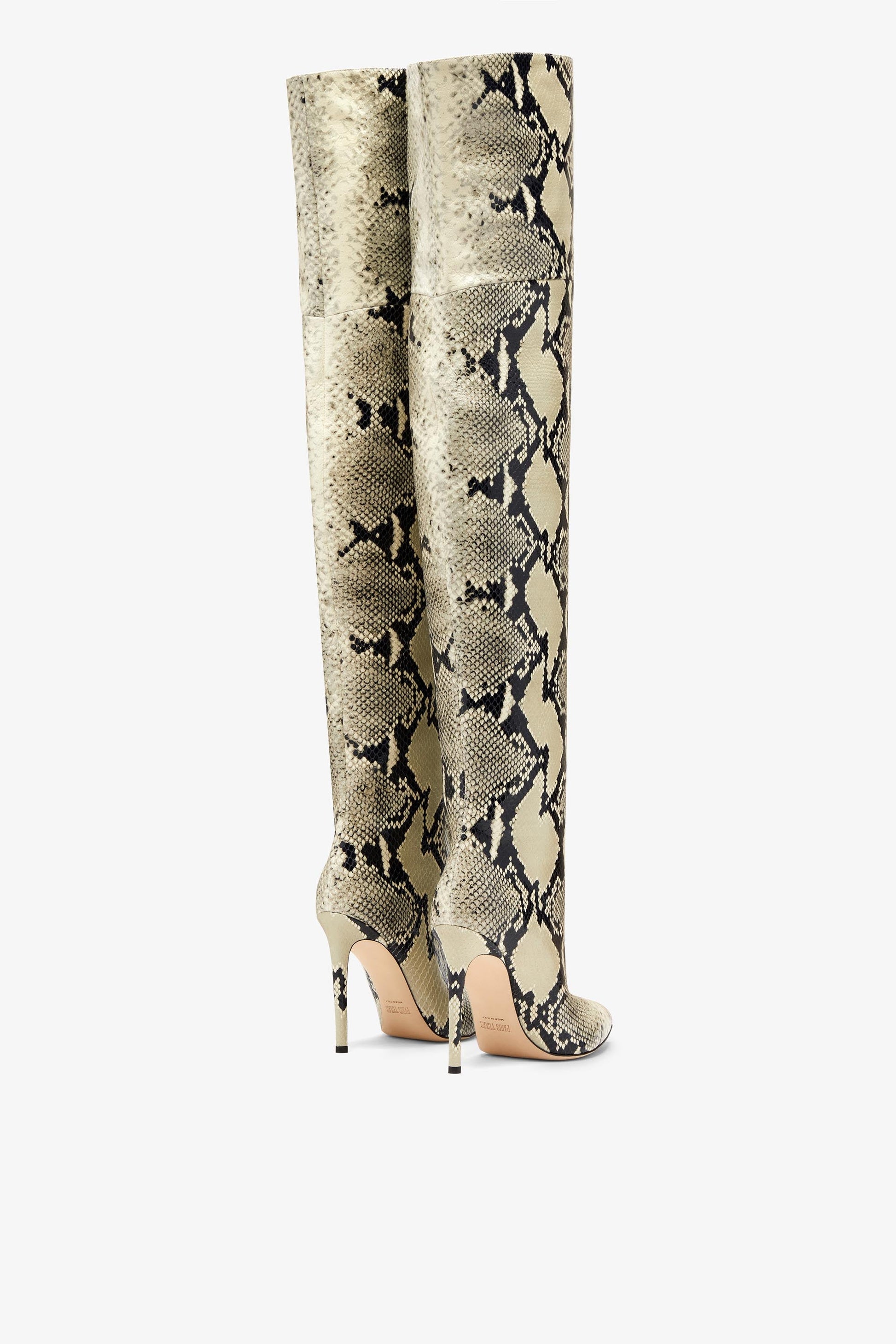 Overknee-Stiletto-Stiefel aus bedrucktem Leder in Python-Optik