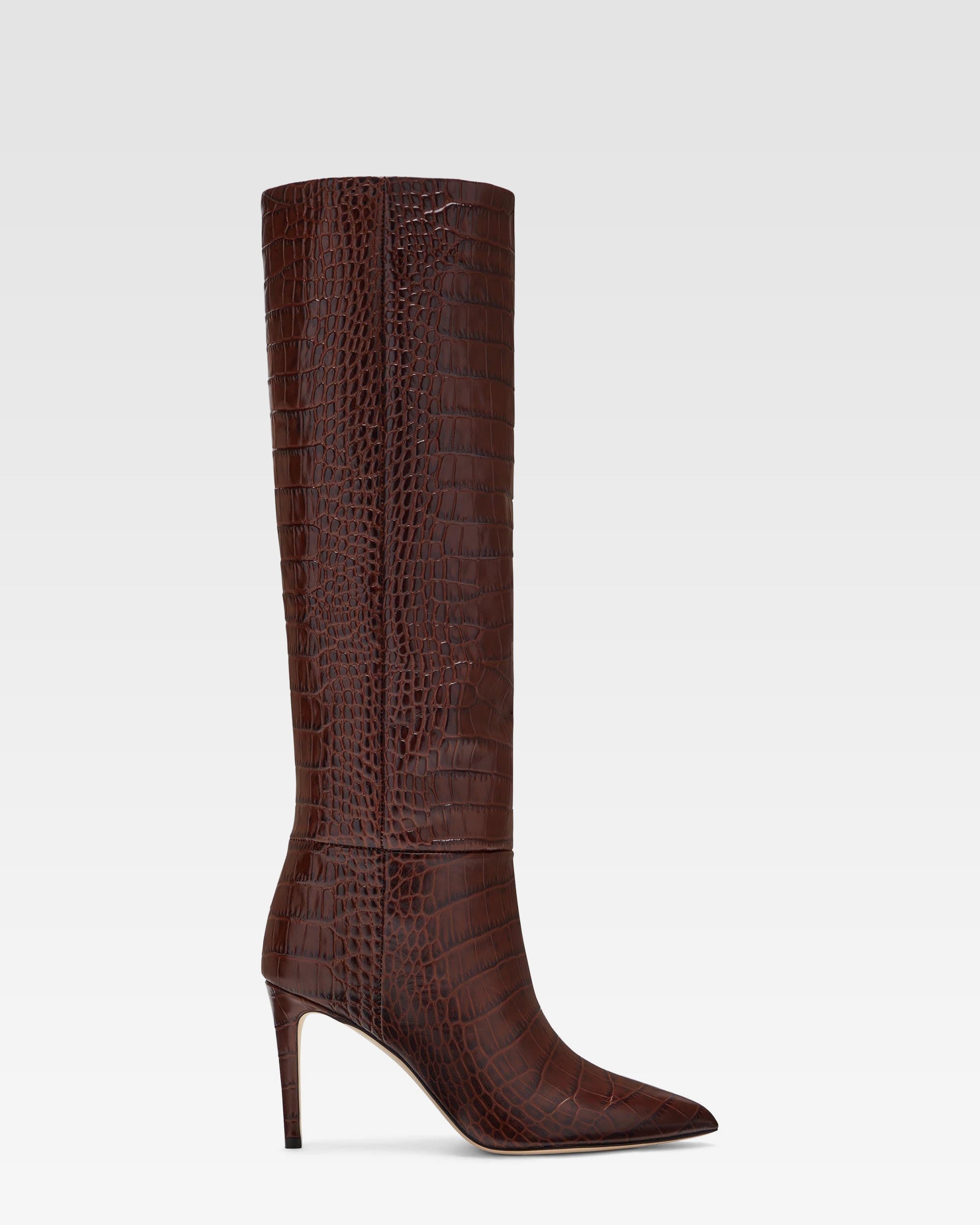 Chocolate brown croc-effect leather heel 85 boots