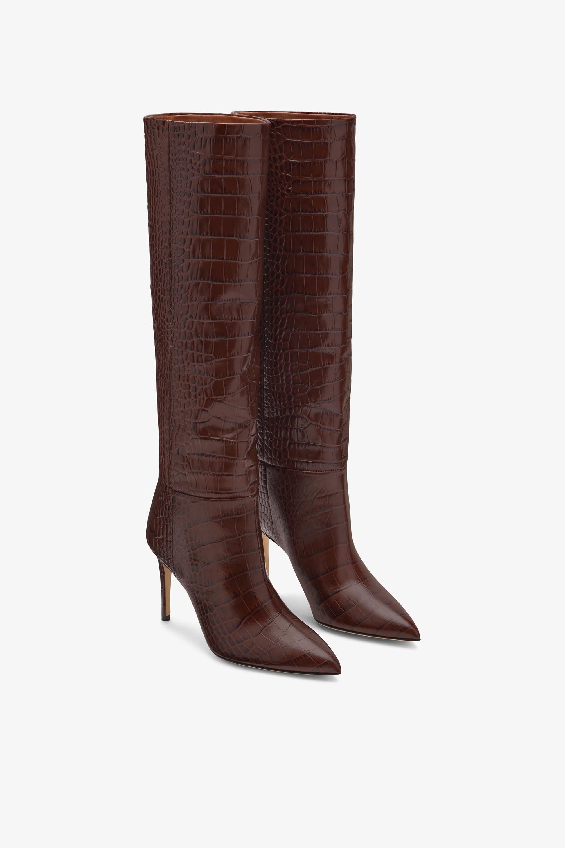 Botas de piel marr'on chocolate con efecto cocodrilo y tac'on de 85 mm