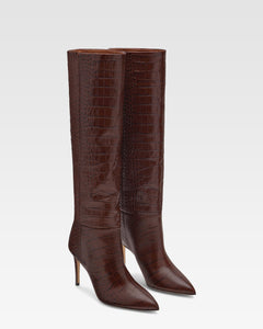 Chocolate brown croc-effect leather heel 85 boots
