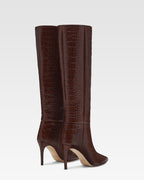 Chocolate brown croc-effect leather heel 85 boots