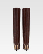 Chocolate brown croc-effect leather heel 85 boots