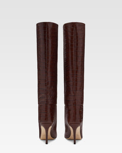 Chocolate brown croc-effect leather heel 85 boots