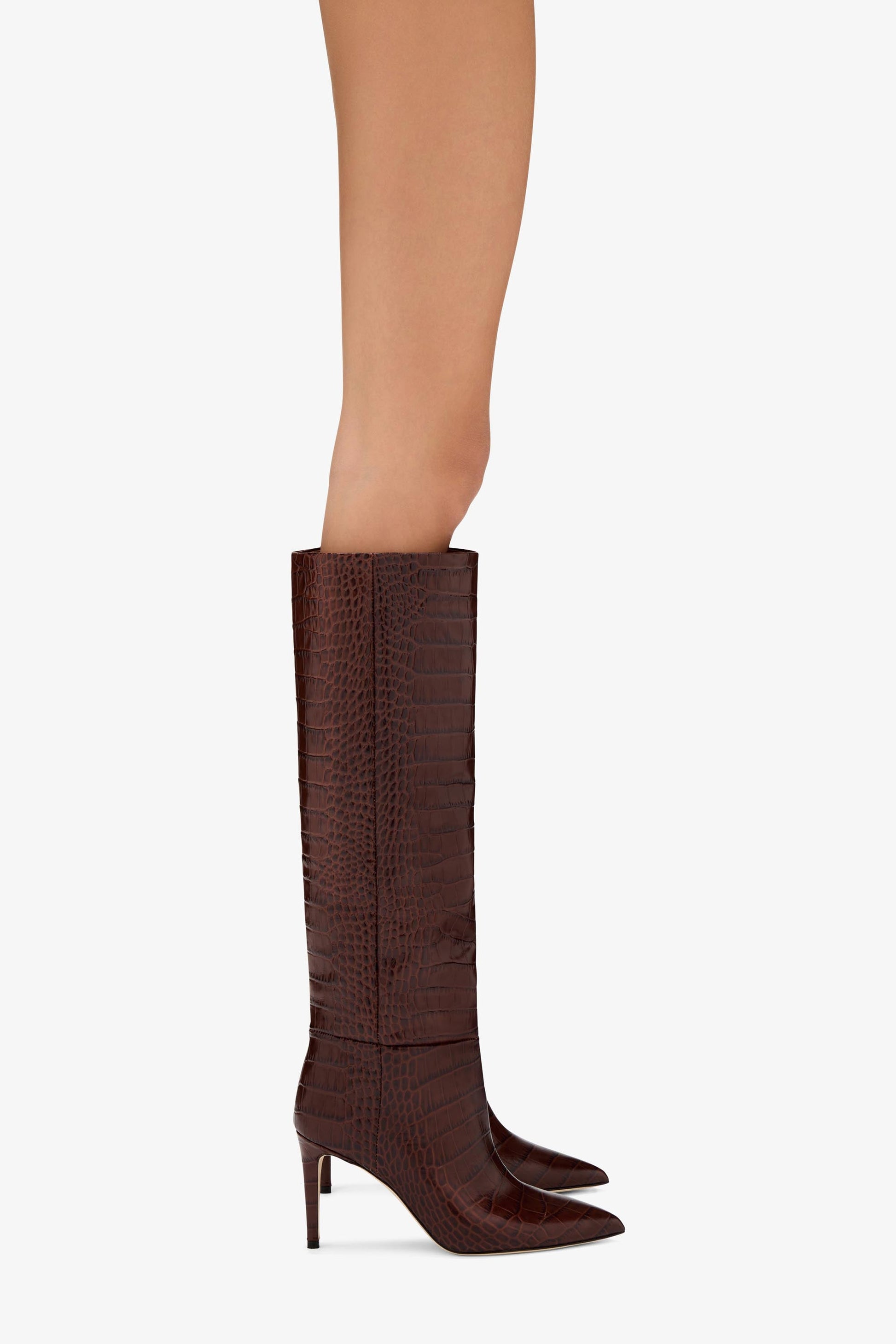 Bottes `a talon 85 en cuir effet croco marron chocolat - Produit porté