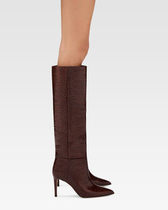 Chocolate brown croc-effect leather heel 85 boots