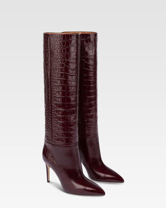 Stivali altezza ginocchio a punta in morbida pelle effetto coccodrillo rouge noir