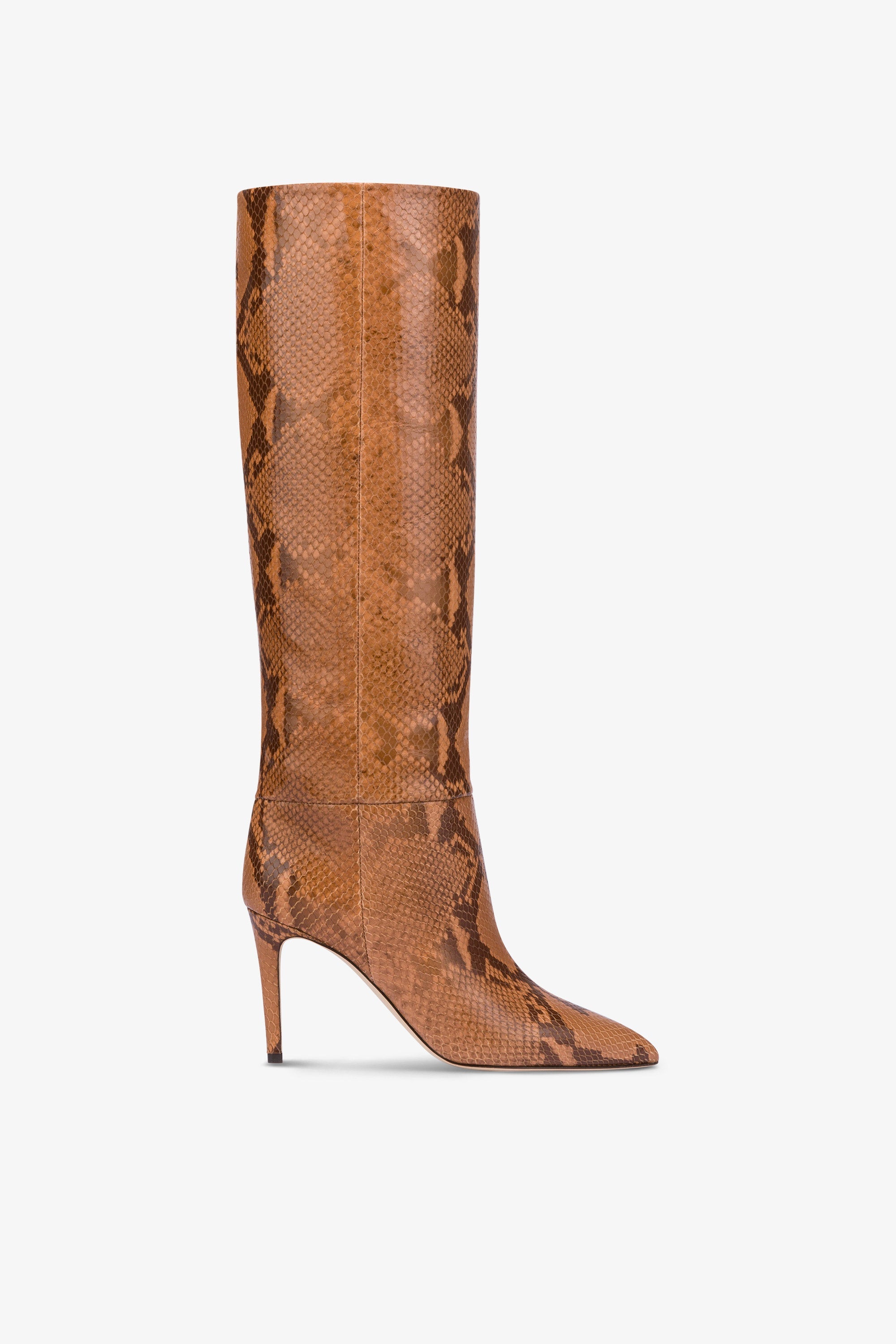 Pointed knee high boots in canyon soft python printed leather Paris Texas