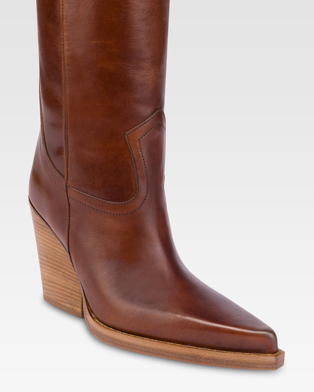 Pointed knee-high boots in shiny vintage leather