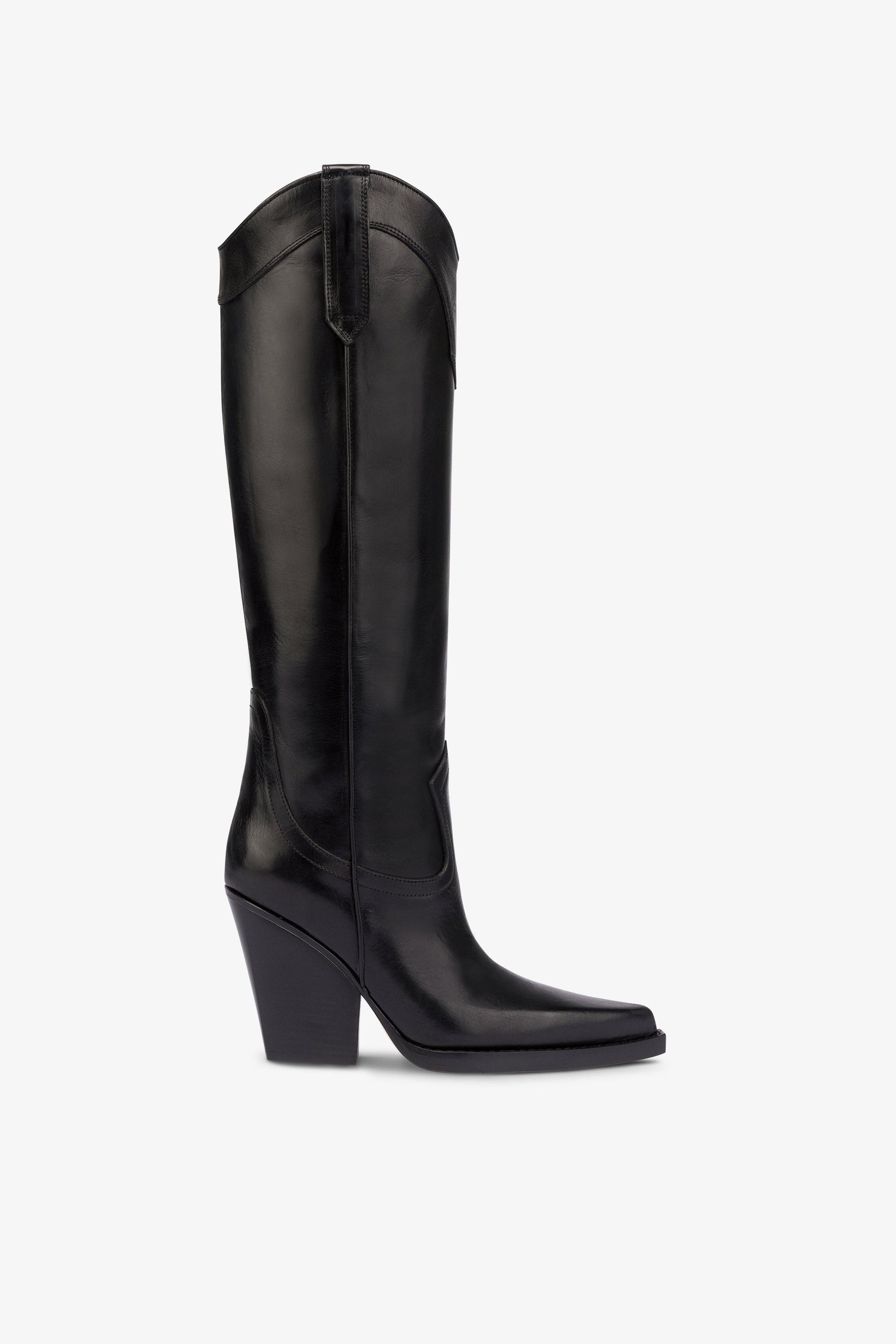 Bottes pointues a hauteur du genou en cuir vintage noir brillant