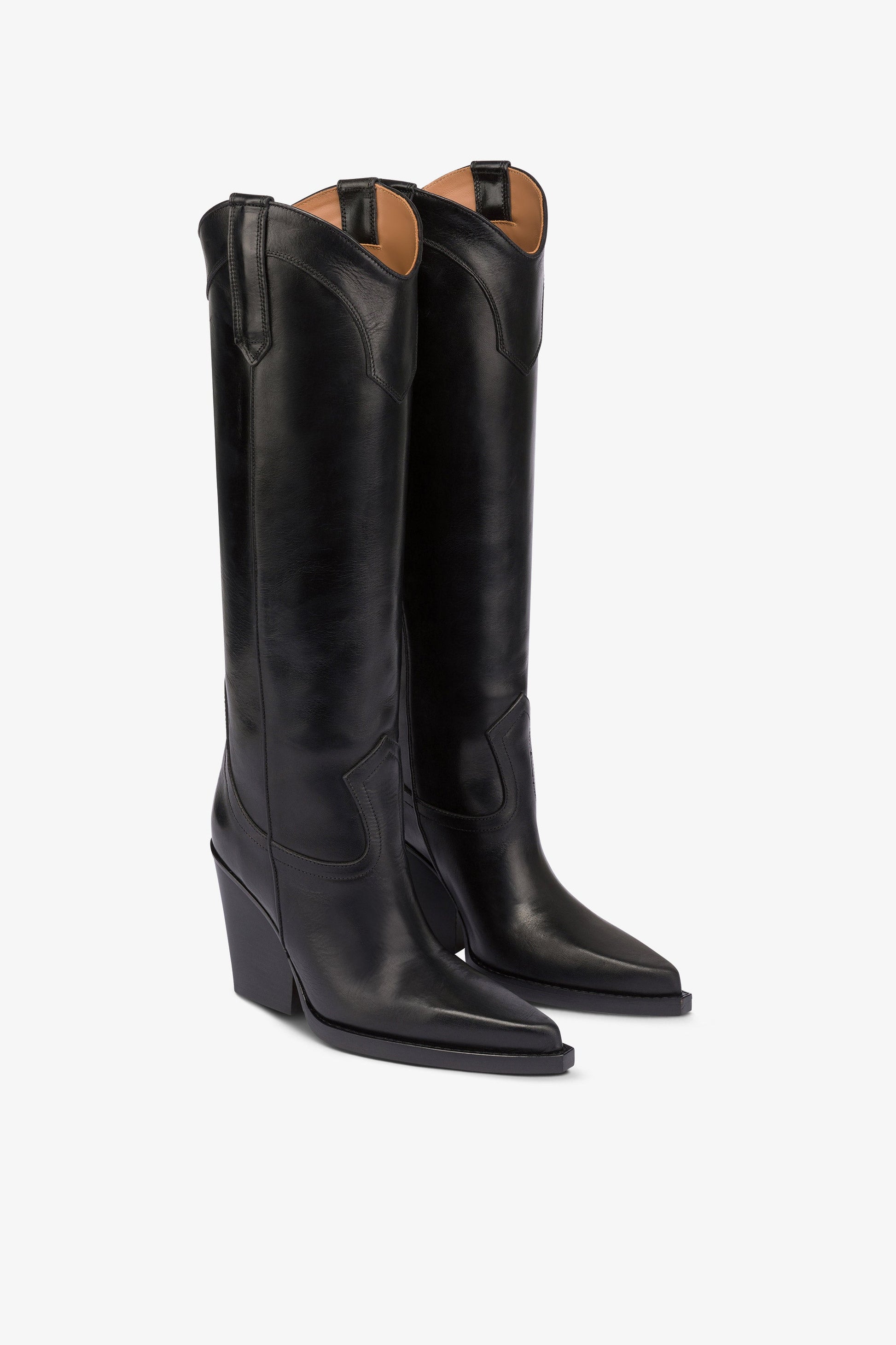 Pointed knee-high boots in black shiny vintage leather