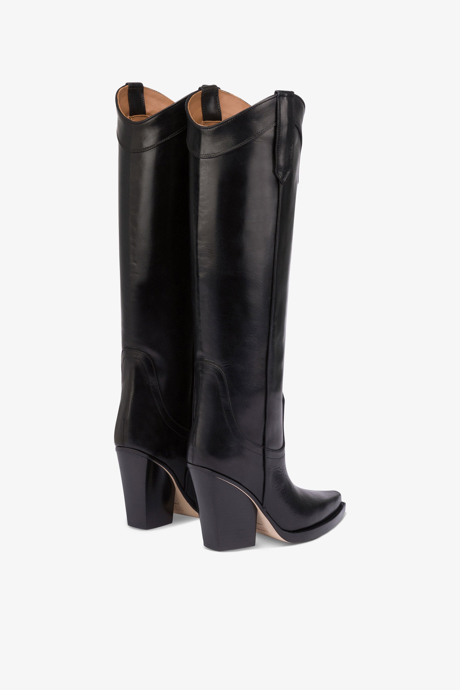 Bottes pointues a hauteur du genou en cuir vintage noir brillant