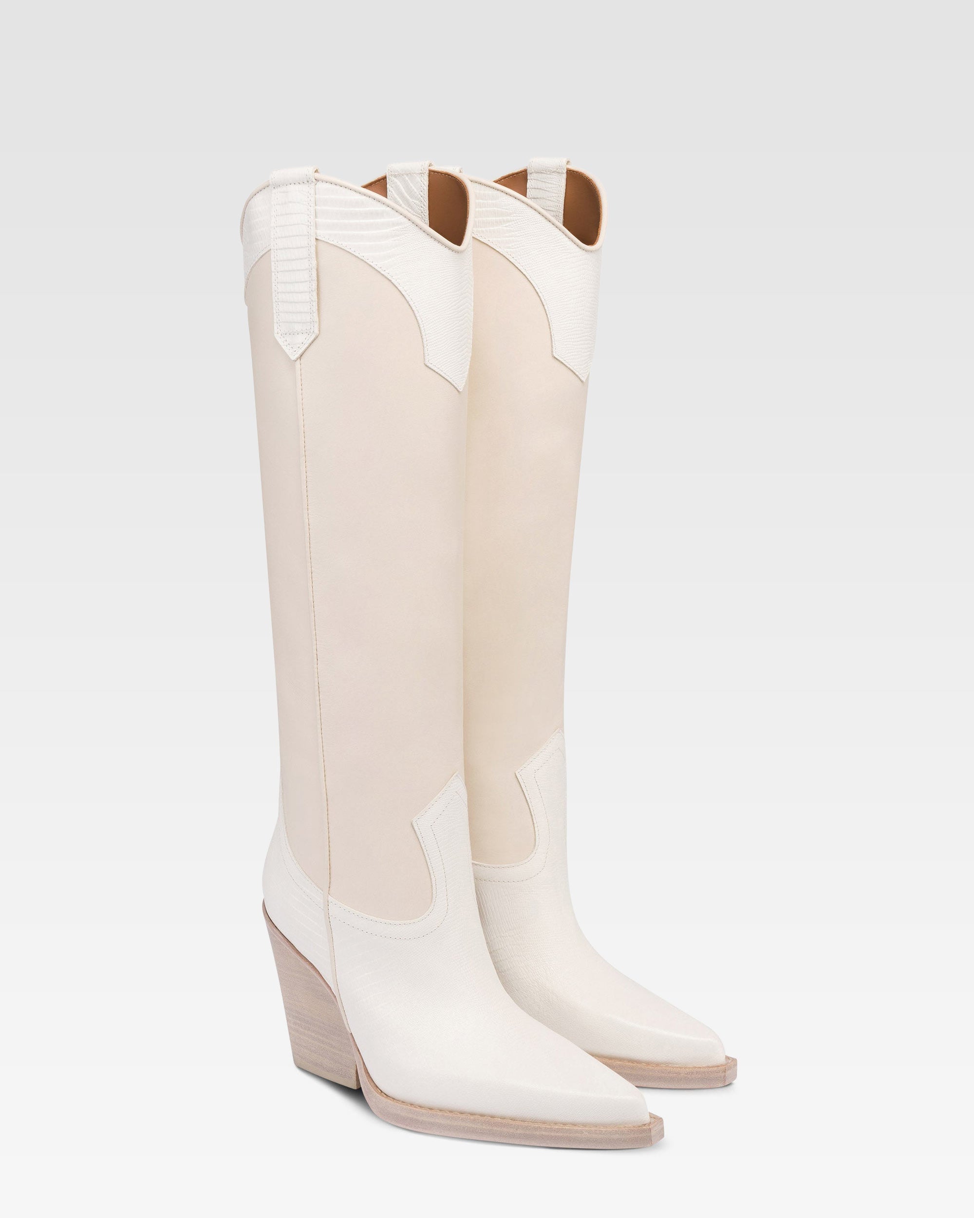 Boots in lizard-print and white leather