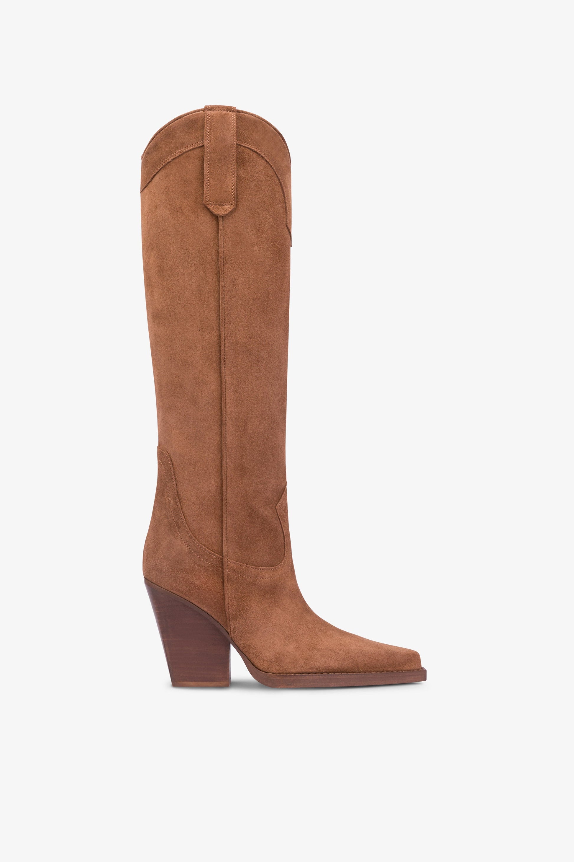 Pointed knee-high boots in smooth dark brown leather