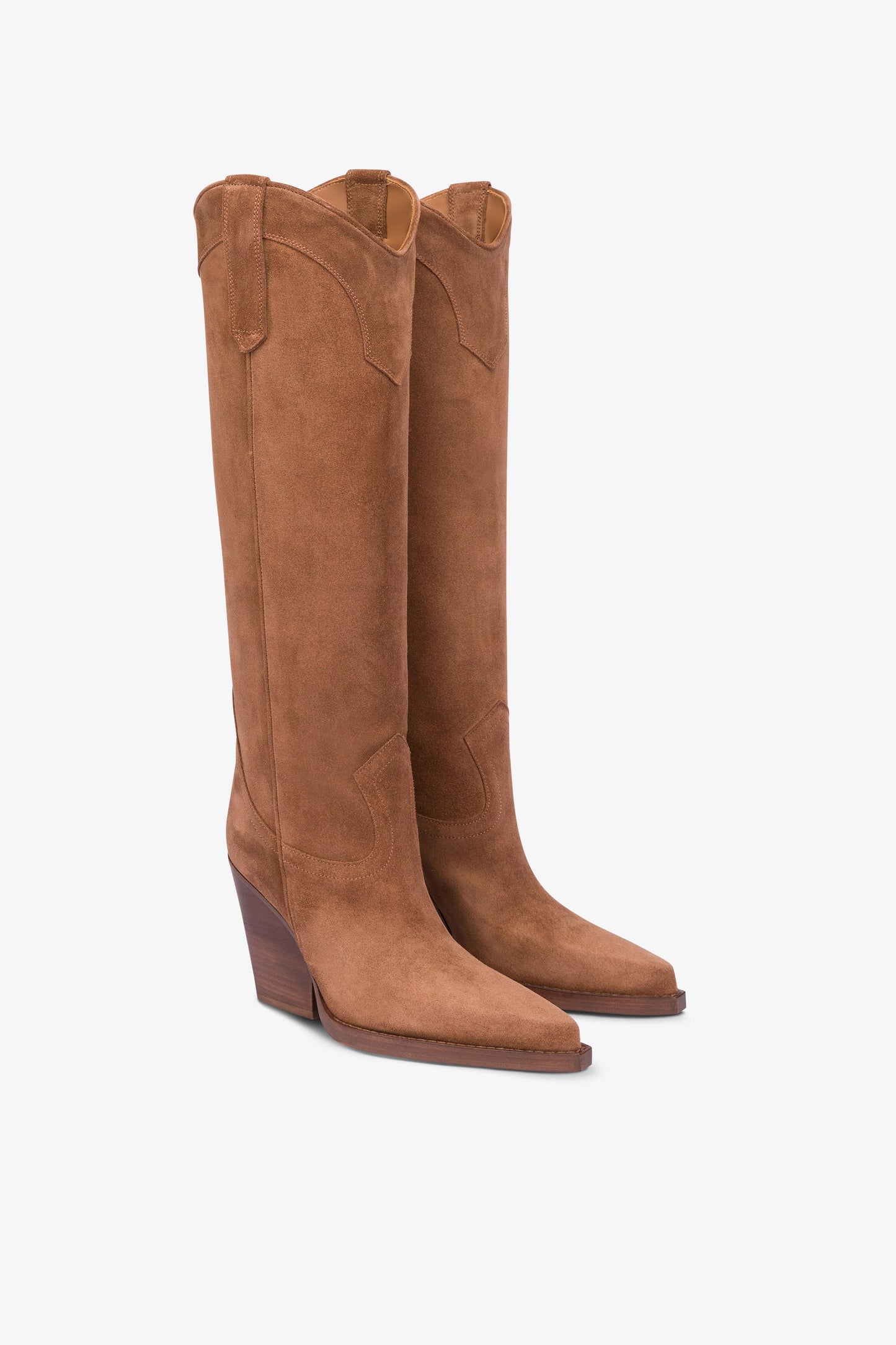 Pointed knee-high boots in smooth dark brown leather