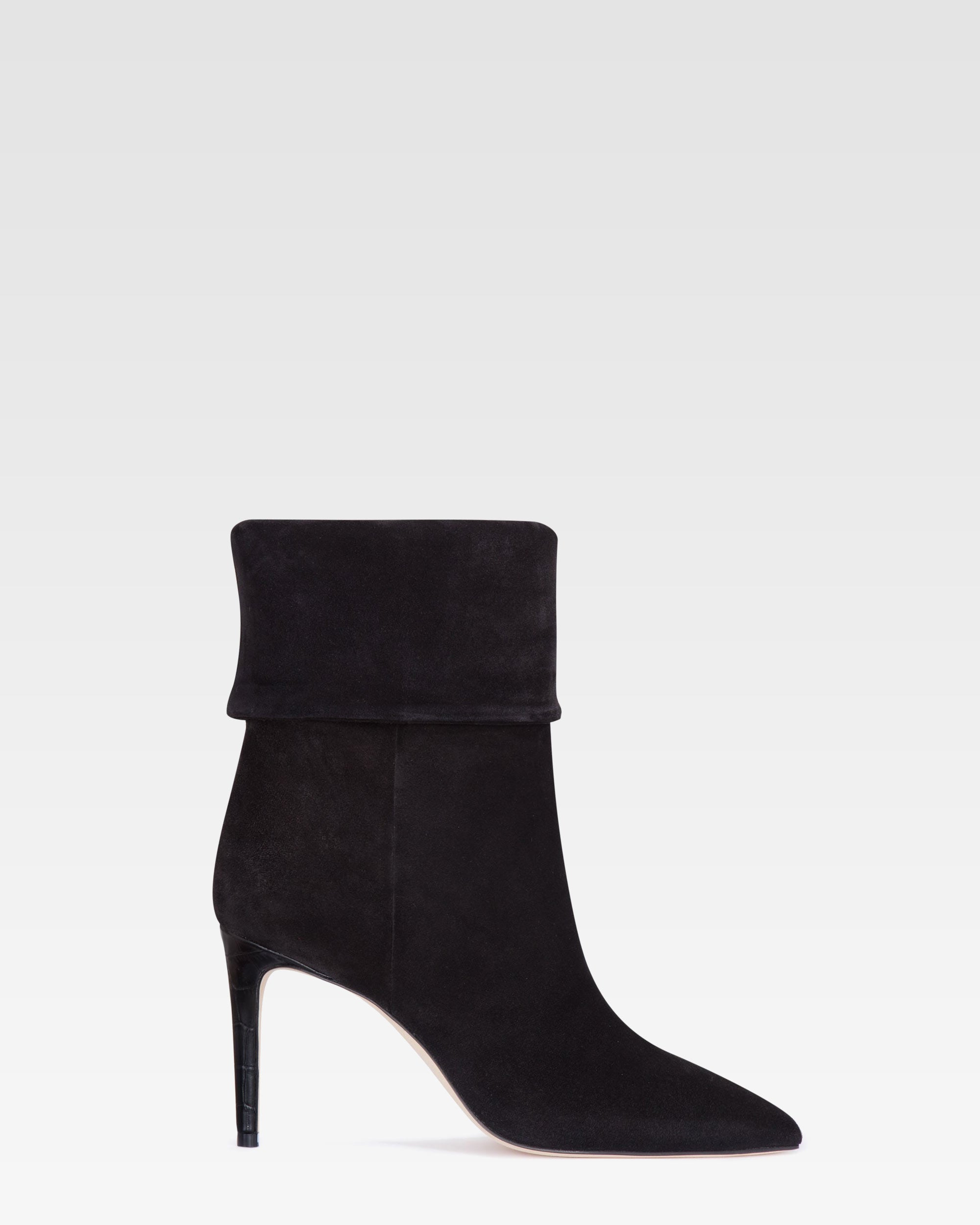 Black calf suede ankle boots with turn-down collar