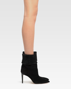 Black calf suede ankle boots with turn-down collar