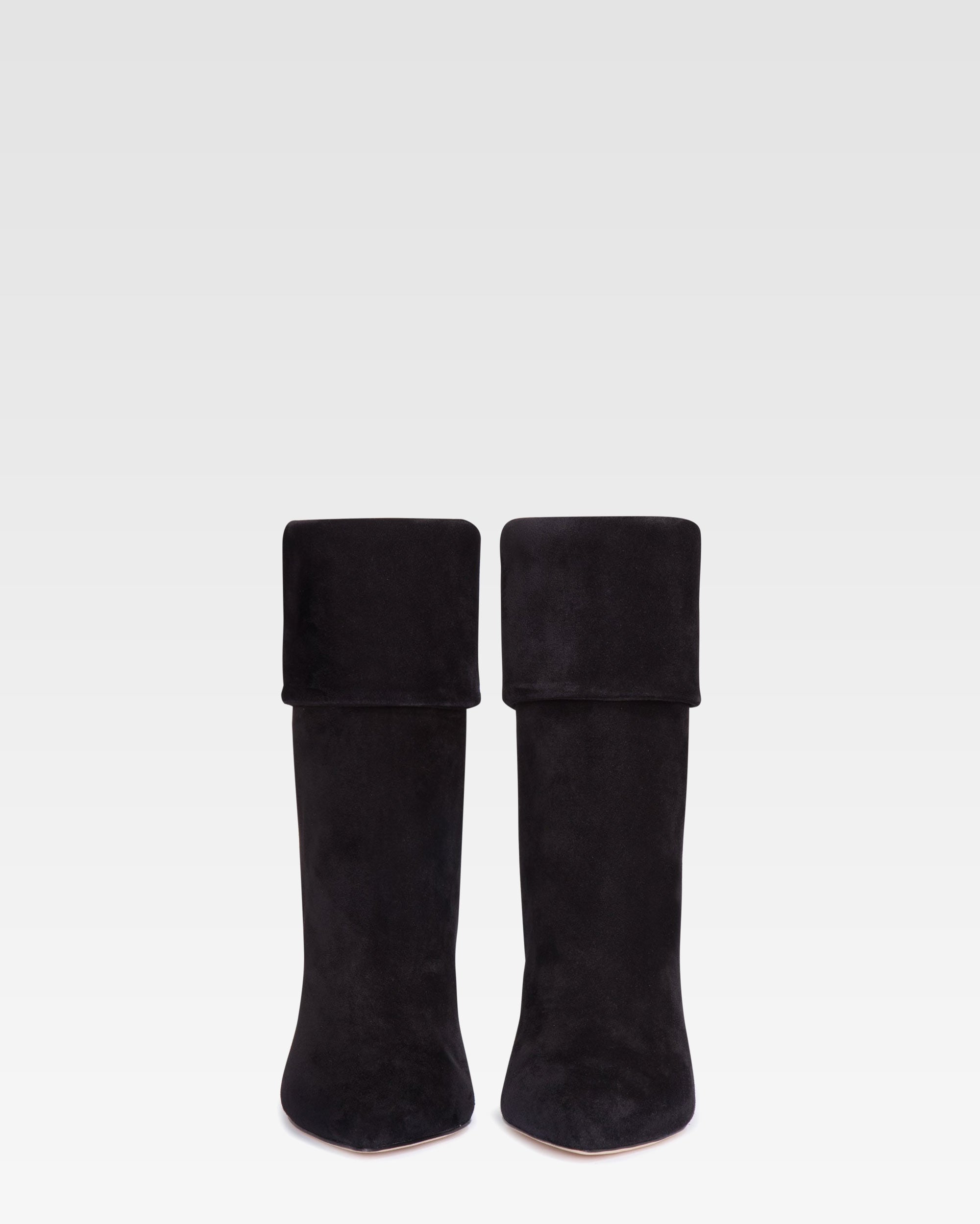 Black calf suede ankle boots with turn-down collar