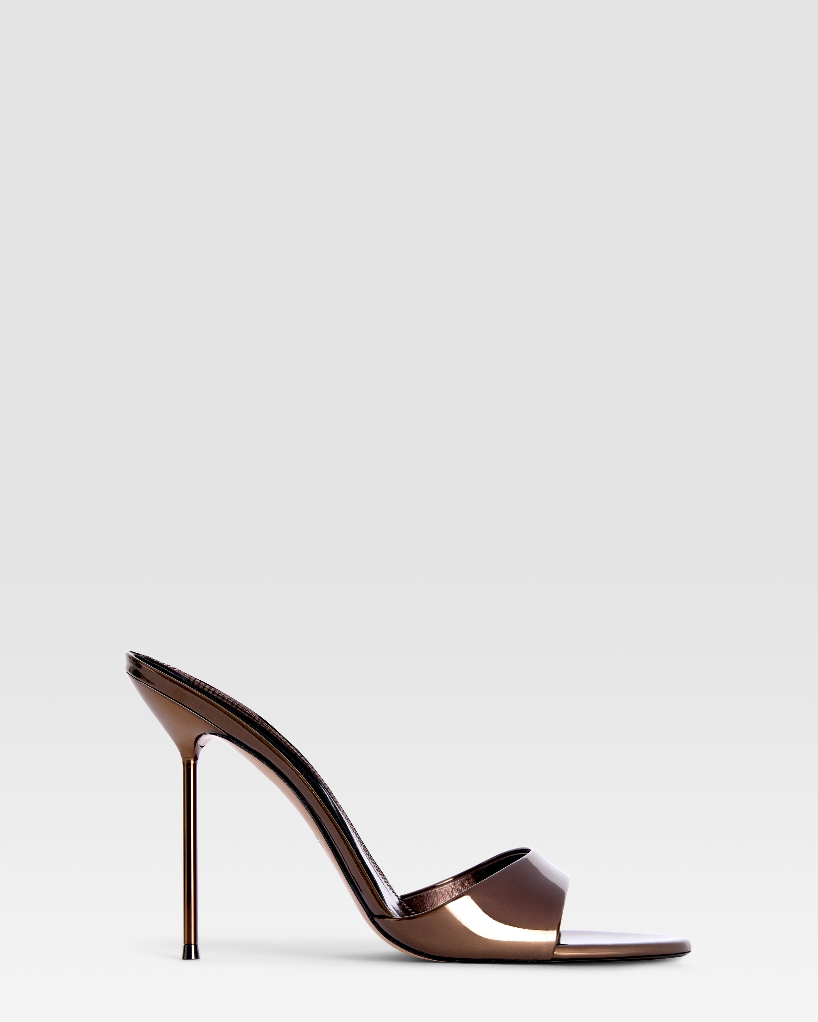 Mules in ebony, mirror-effect leather