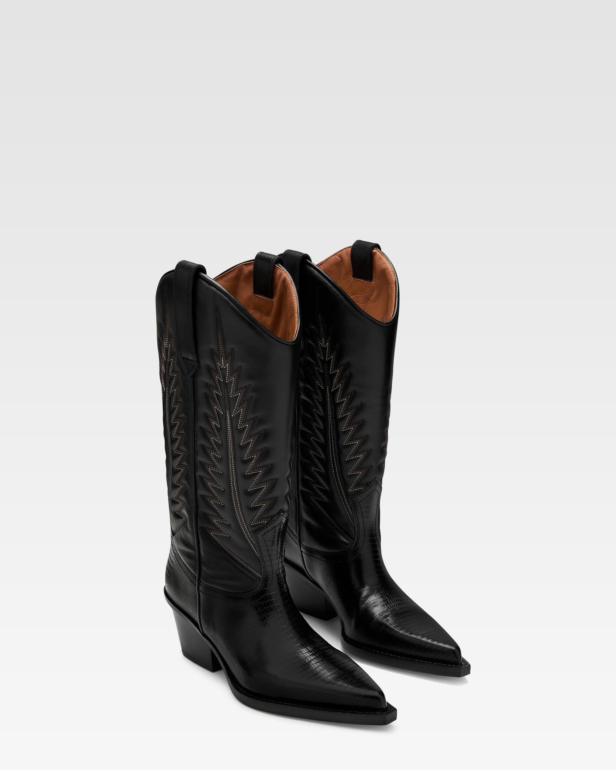 Black lizard-effect nappa leather boots