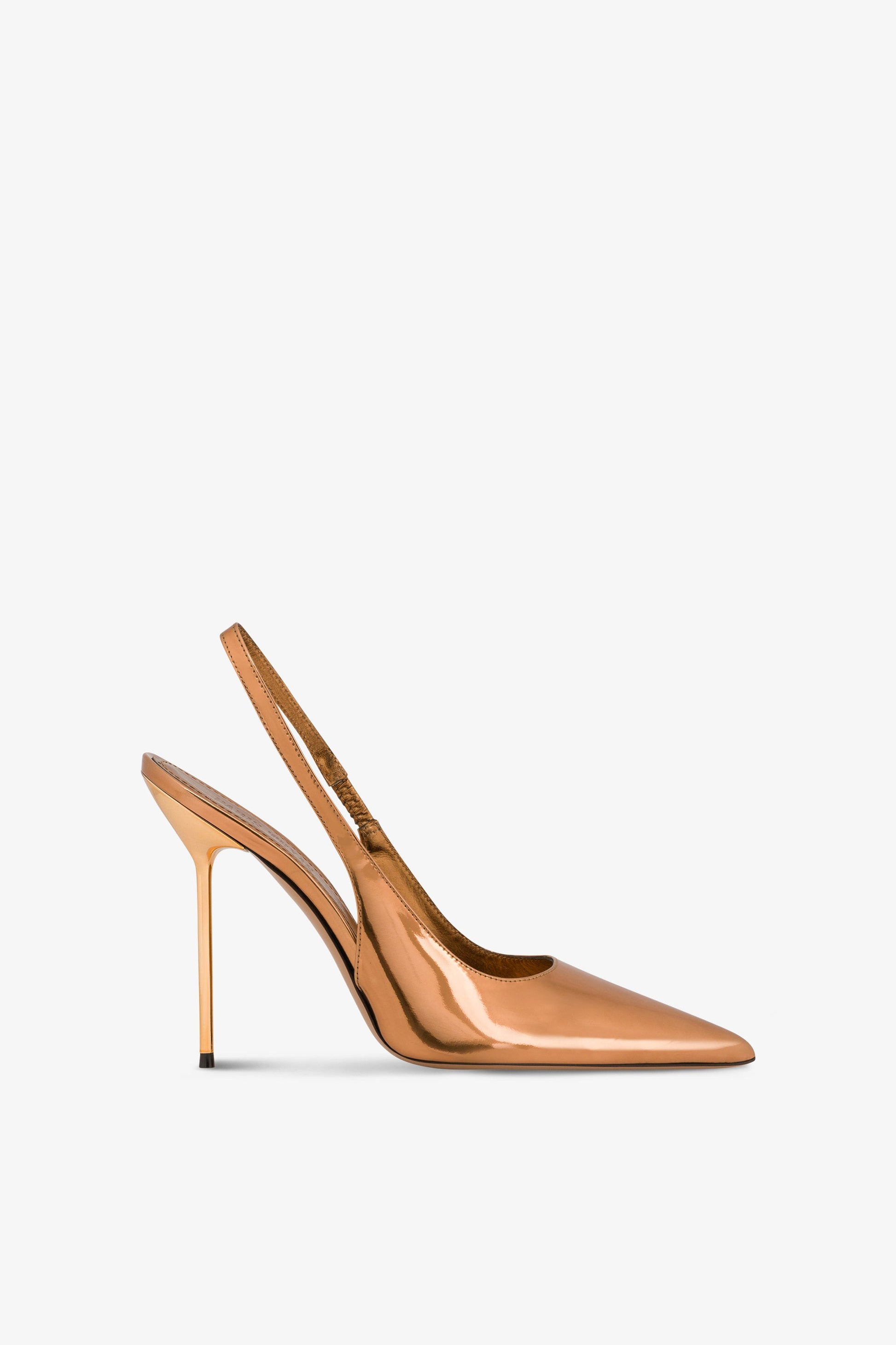 Sharp, pointed slingbacks in bronze mirror-effect leather