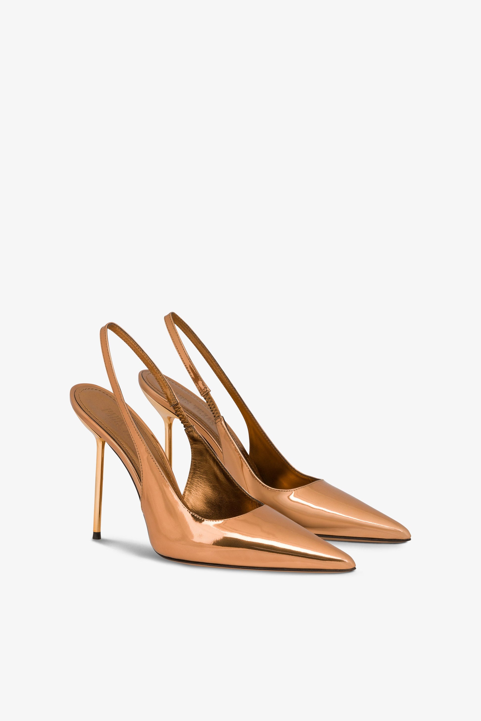 Scharfkantige, spitz zulaufende Slingbacks aus bronzefarbenem Leder mit Spiegeleffekt